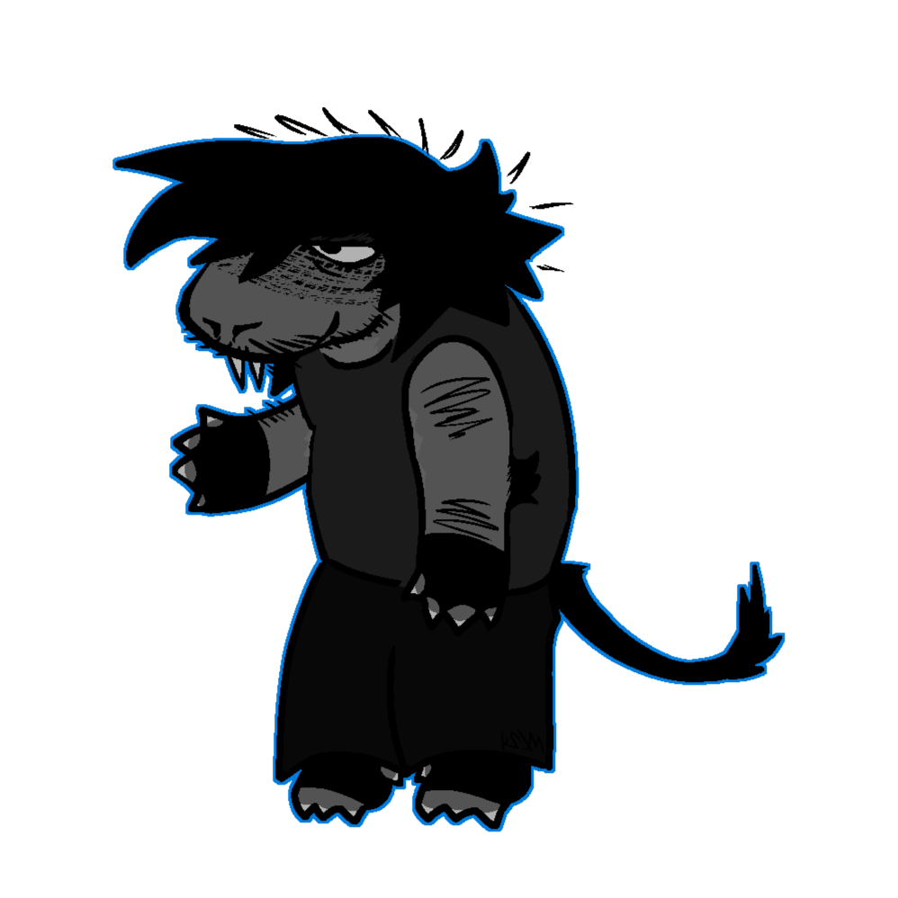 digital drawing of Levi, a wingless beast-dragon person colored in black and grey. it has a round snout, messy hair, fangs, lion tail, and they are wearing a tank top, baggy pants, fingerless gloves and shoes.